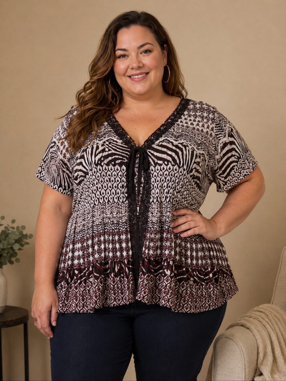 Fred David Black, White & Brown Patterned V-Neck Tie-Front Blouse